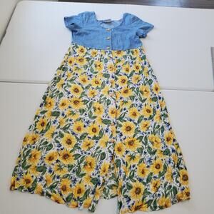 Vintage Denim Sunfflower Dress Womens Medium Blue Yellow Sunflower Maxi USA 90s